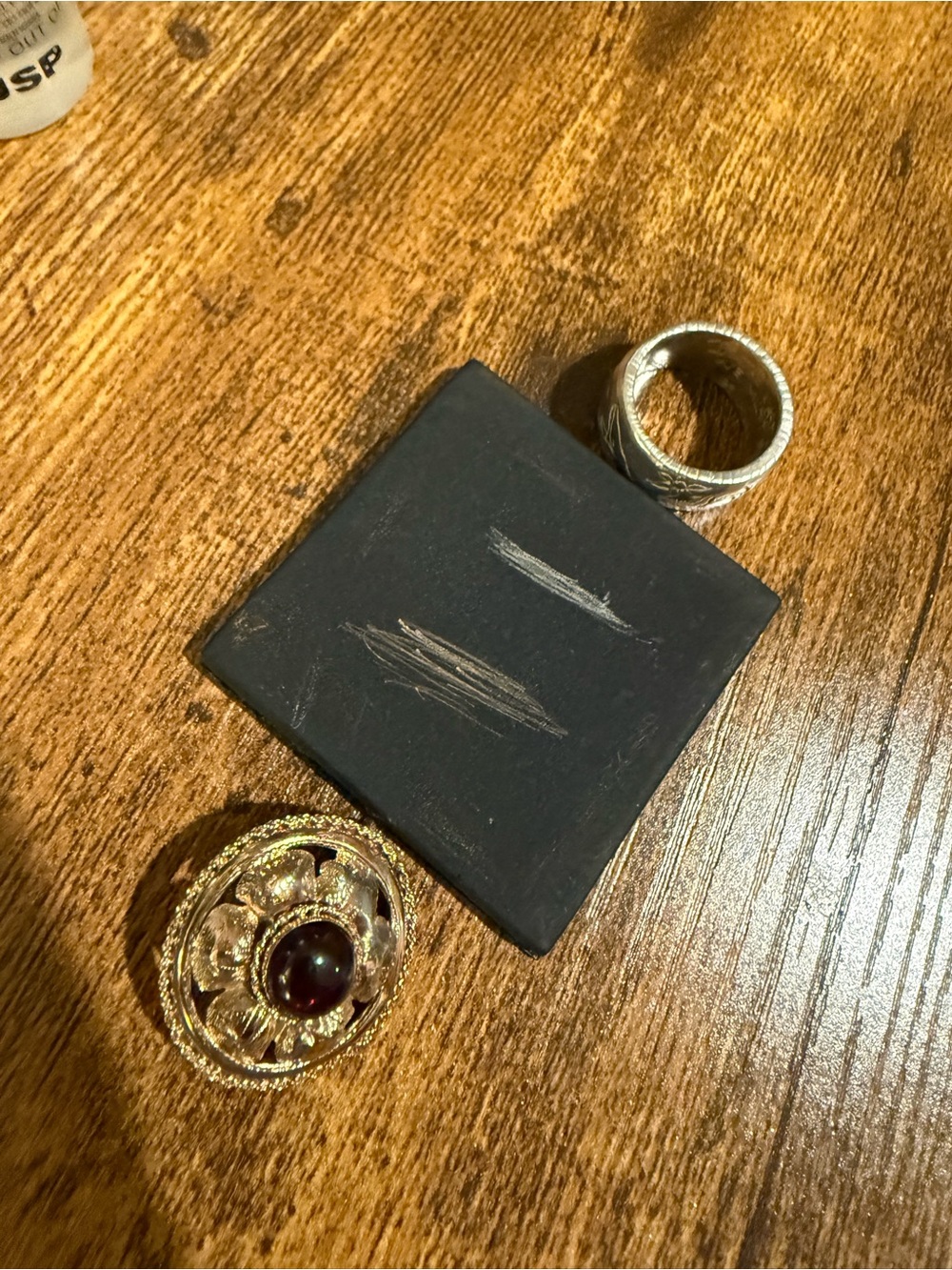 Vintage 14K Gold Over Silver Brooch with Dark Red Garnet Cabochon - Picture 5 of 6